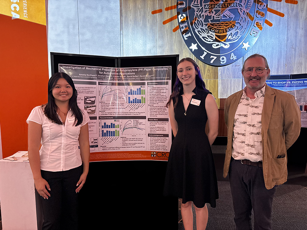 undergraduate students and professor at student research fair presenting a poster of their research