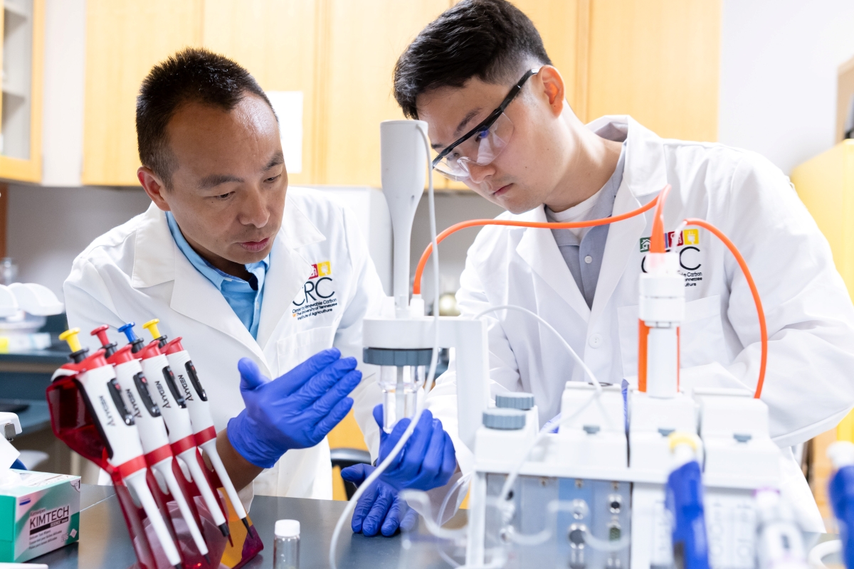 Mi Li, associate professor in the Center for Renewable Carbon and the School of Natural Resources, left, and Jisoo Jeon, post-doctoral research associate, work in the lab to create special materials called Cello-MOFs, which are a combination of nanocellulose and metal-organic frameworks.